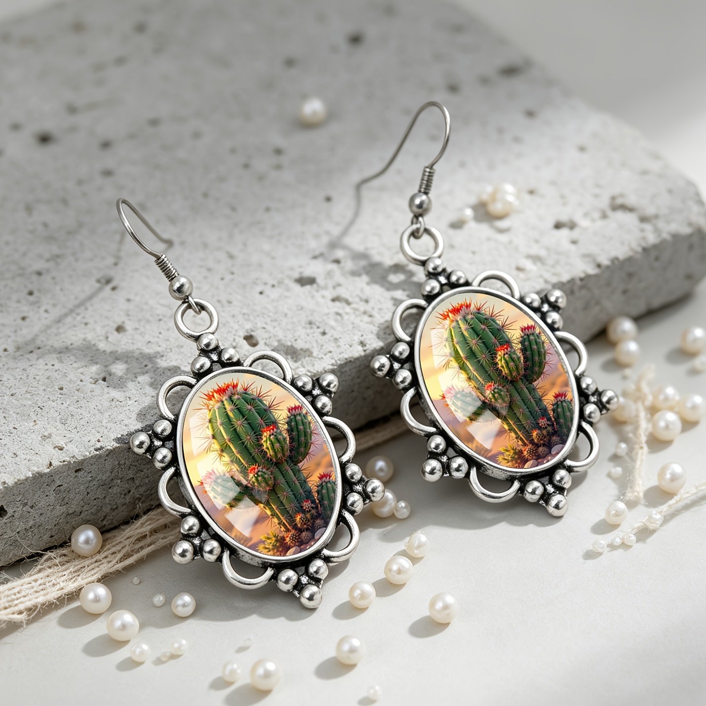 Twilight Red Flower Cactus Pattern Oval Earrings